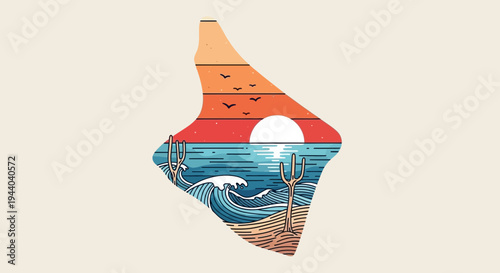 Desert Oasis Sunset: Ocean Waves, Cacti, Birds Flying, Warm Sky