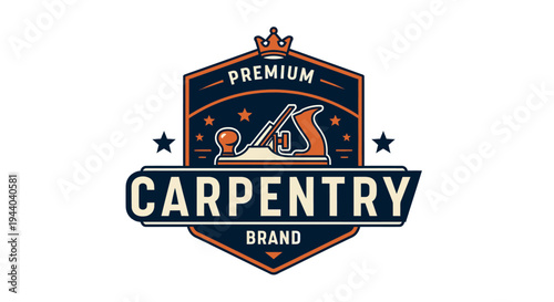 Premium Carpentry Brand Logo Featuring a Vintage Wood Plane and Crown Emblem.