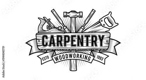 Vintage-style illustration of carpentry and woodworking tools, featuring a banner with the text 'CARPENTRY WOODWORKING ESTD 1983'.