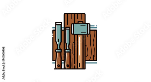 Illustration of woodworking tools including chisels and a mallet against a wooden background.