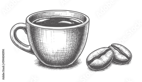 Hand drawn of a coffee cup filled with dark liquid and two coffee beans drink beverage