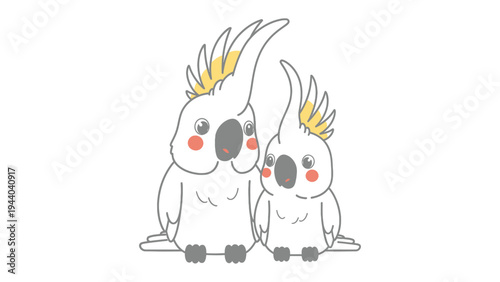 Cacatuidae Couple Illustration: A charming duo of illustrated cockatoos, embracing a sense of companionship. Featuring detailed line art, the cockatoos display vibrant crests and a sweet demeanor.