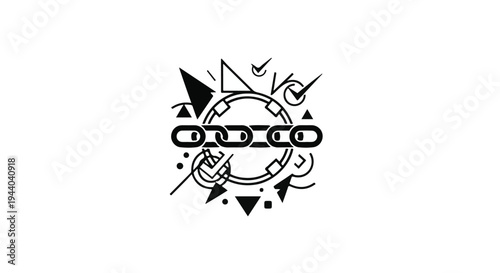 black and white illustration of a globe with a chain and abstract shapes