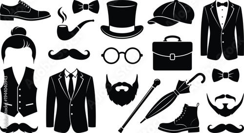 Vintage gentleman accessories silhouette collection, classic men fashion icons including hat, mustache, pipe, suit, glasses, umbrella, cane, briefcase illustration set