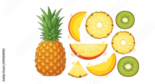 Fresh Pineapple Slices and Whole Fruit with Kiwi and Mango