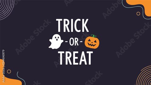 Trick or treat Halloween message is displayed on a dark purple background with a small white ghost and a smiling orange jack-o-lantern pumpkin.
