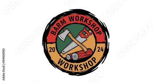 Rustic Barm Workshop logo featuring an axe, saw, and logs, symbolizing woodworking and craftsmanship.