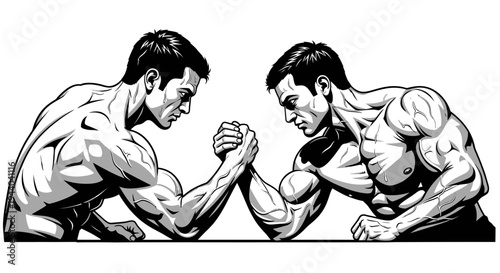 Two Muscular Men Arm Wrestling, Intense Competition, Strength Battle
