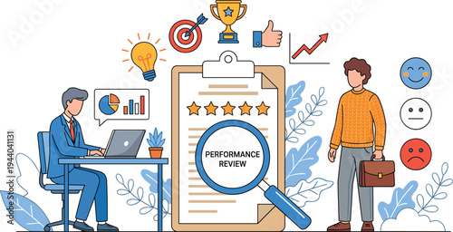 Business performance review and customer feedback evaluation concept, employee rating analysis with checklist, stars, analytics chart, satisfaction survey illustration