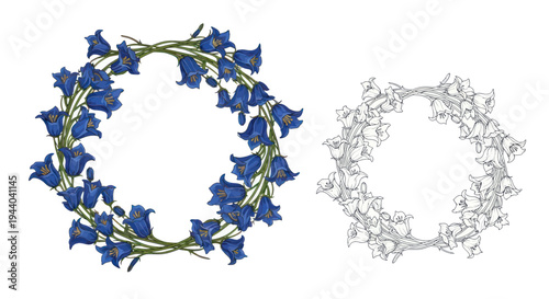 Bluebell Flower Wreath Illustration with Outline