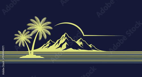 Tropical Island Paradise Sunset with Palm Trees and Mountains