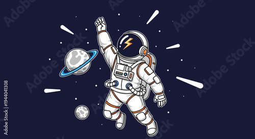 Astronaut Floating in Space with Planet and Moon, Victory Pose