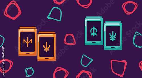 Digital Currency Icons on Smartphones, Cryptocurrency Symbols on Screens, Blockchain Tech