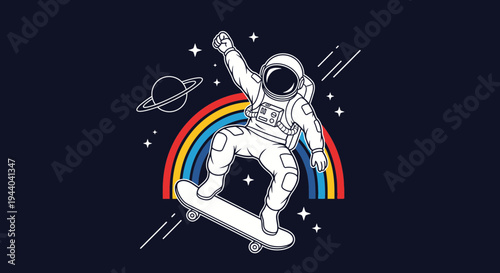 Astronaut skateboarding through space with rainbow and planet