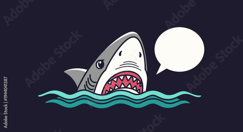 Angry Shark with Open Mouth and Speech Bubble in Dark Water