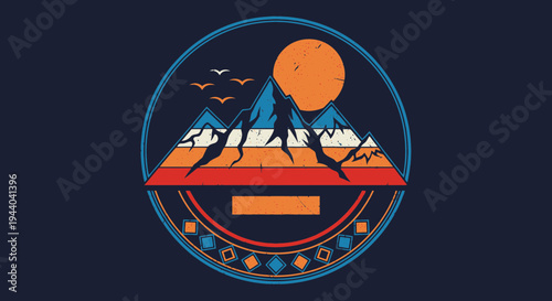 Retro Mountain Sunset Circle Emblem with Tribal Pattern