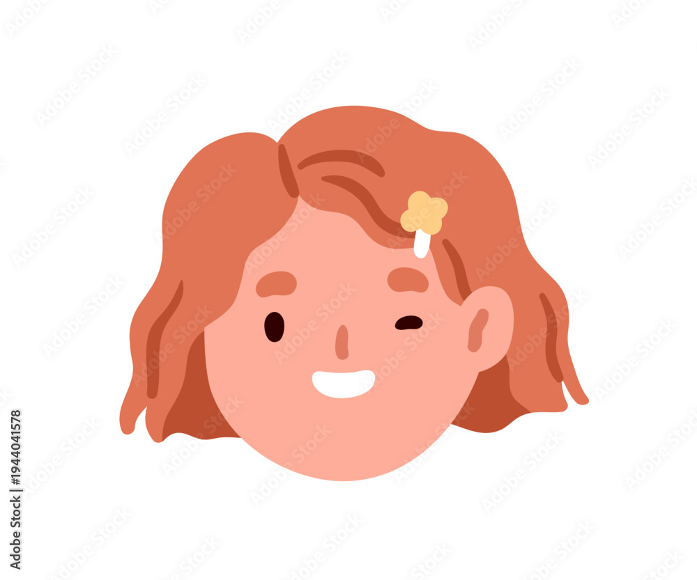 Obraz premium Cute girl kid winking, face avatar. Happy smiling little child, head portrait, user profile. Preschool character, playful emotion, expression. Flat vector illustration isolated on white background