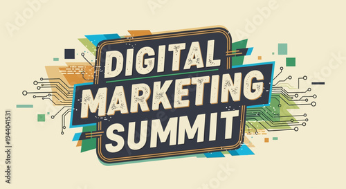 A vintage-style logo for a Digital Marketing Summit, featuring circuit board graphics and a distressed text effect on a light background.
