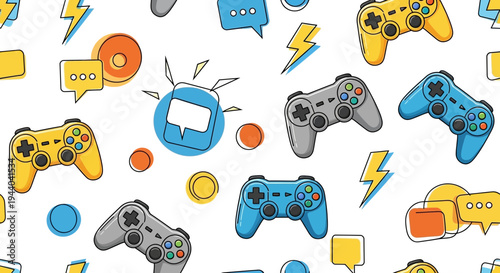 Video Game Controllers and Chat Bubbles Pattern - Gaming Fun