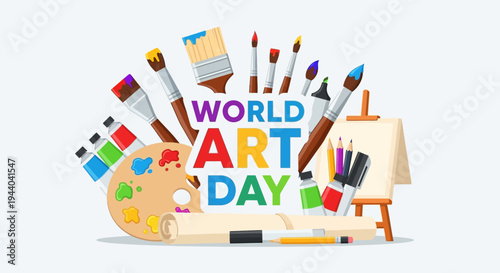 A vibrant illustration celebrating World Art Day, featuring a colorful array of paintbrushes, paints, palette, easel, and other artistic tools.