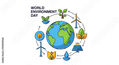 A colorful illustration depicting the Earth surrounded by symbols of renewable energy and nature, celebrating World Environment Day.