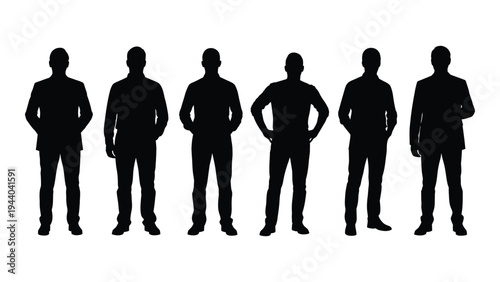 Silhouette of six men standing in a row with various poses and attire on a white background for illustration or design purposes