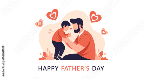 A heartwarming illustration of a father and son celebrating Father's Day, surrounded by red hearts, depicting love and family bonding.
