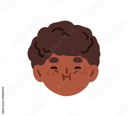 Cute funny black boy avatar. Kid, head portrait with silly grimace, face expression, playful fun emotion. African-American child character. Flat vector illustration isolated on white background