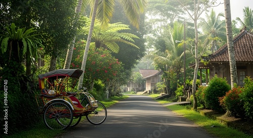Serene tropical village road with a traditional rickshaw bathed in morning sunlight, a peaceful journey