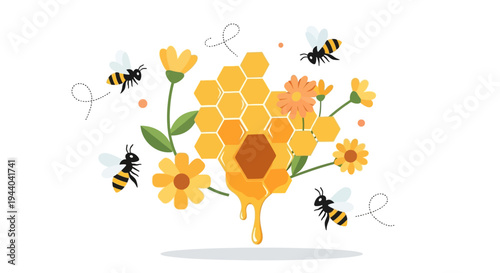 Illustration of a vibrant honeycomb with dripping golden honey, surrounded by busy bees and cheerful yellow and orange flowers, symbolizing nature's sweetness.
