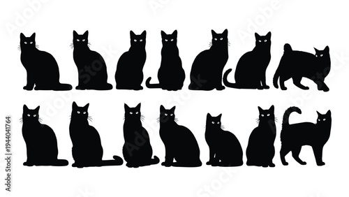 Collection of various black cat silhouettes in different poses and orientations on white background