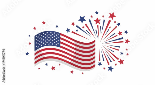 Waving American flag with vibrant red and blue fireworks and scattered stars, symbolizing patriotism and national celebration.