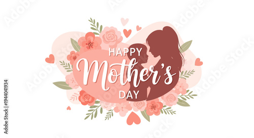 A beautiful illustration celebrating Mother's Day with a silhouette of a mother and child, surrounded by soft pink flowers and hearts, on a white background.
