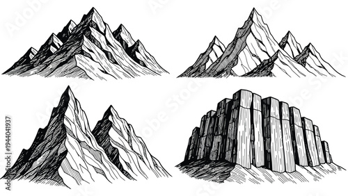 Mountain range set with four different hand drawn peak styles featuring detailed ink hatching and sketch elements for natural landscape design projects