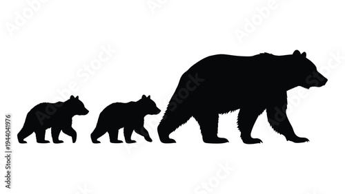 A family of bears walking together in a line silhouette illustration