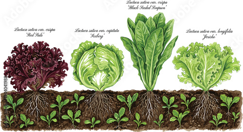 Lettuce varieties botanical illustration, red leaf, iceberg, romaine and green lettuce growing in soil cross section with roots, organic garden agriculture