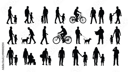 Collection of diverse human silhouettes engaging in various activities with pets and objects