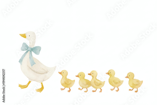 Soft Watercolor Illustration of Mother Duck with Ducklings.