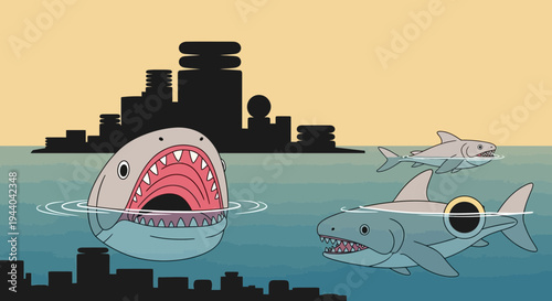 Sharks swim near city skyline, predatory ocean danger concept