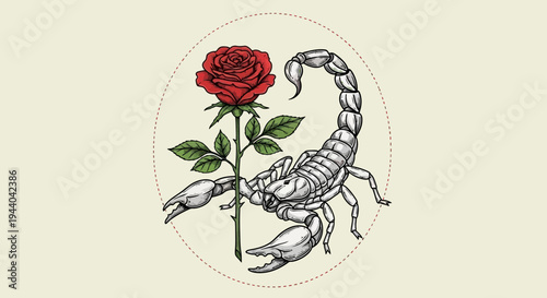 Scorpion and Rose Illustration in Circle - Symbol of Danger and Beauty