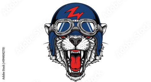 Fierce Tiger Biker with Goggles and Helmet, Roaring with Power