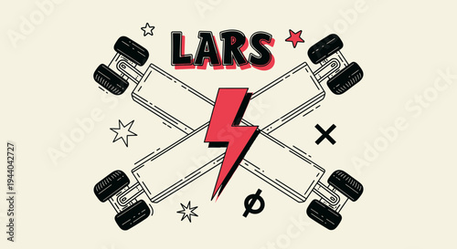 Lars word with crossed skateboards and lightning bolt
