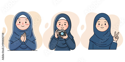 Muslim woman in hijab, a collection of illustrations with positive gestures and actions