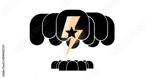 Fist power lightning bolt over crowd, concept of leadership and inspiration