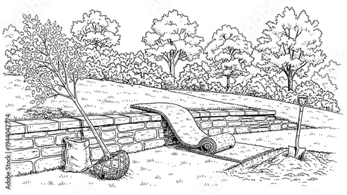 Landscaping project featuring a freshly laid sod roll on a terraced stone wall, with a young tree ready for planting