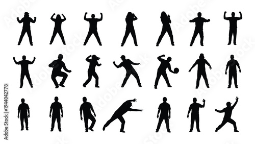 Collection of diverse human silhouettes engaging in various physical activities and poses