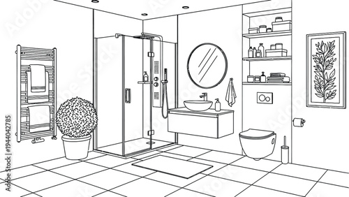 Modern minimalist bathroom interior design featuring a spacious walk-in shower, sleek vanity, and decorative elements