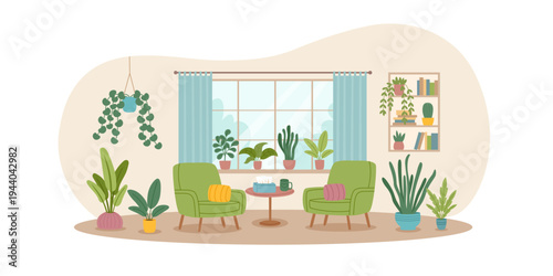 Interior of room, office, doctor's office or psychotherapist's office with green plants and armchairs5. Concept of home, relax, psychotherapy, support, communication, treatment. Vector flat banner.
