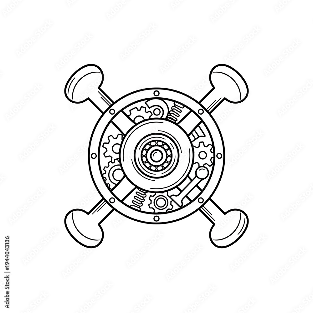 Fototapeta premium Mechanical steampunk gear cross symbol, intricate cogs and machinery, vintage style