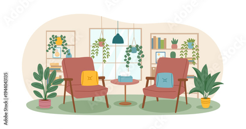 Interior of room, office, doctor's office or psychotherapist's office with green plants and armchairs4. Concept of relax, psychotherapy, support, communication, treatment. Vector flat background.